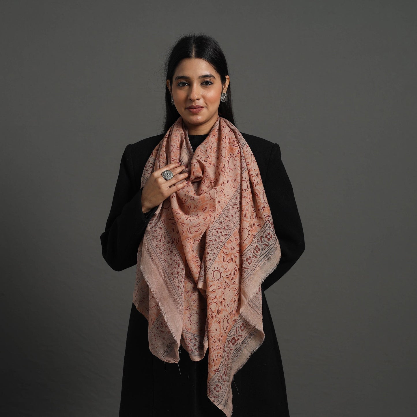 Orange Block Print Pedana Kalamkari Wool Stole