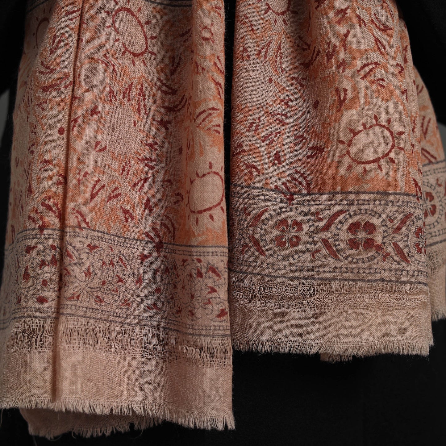 Orange Block Print Pedana Kalamkari Wool Stole