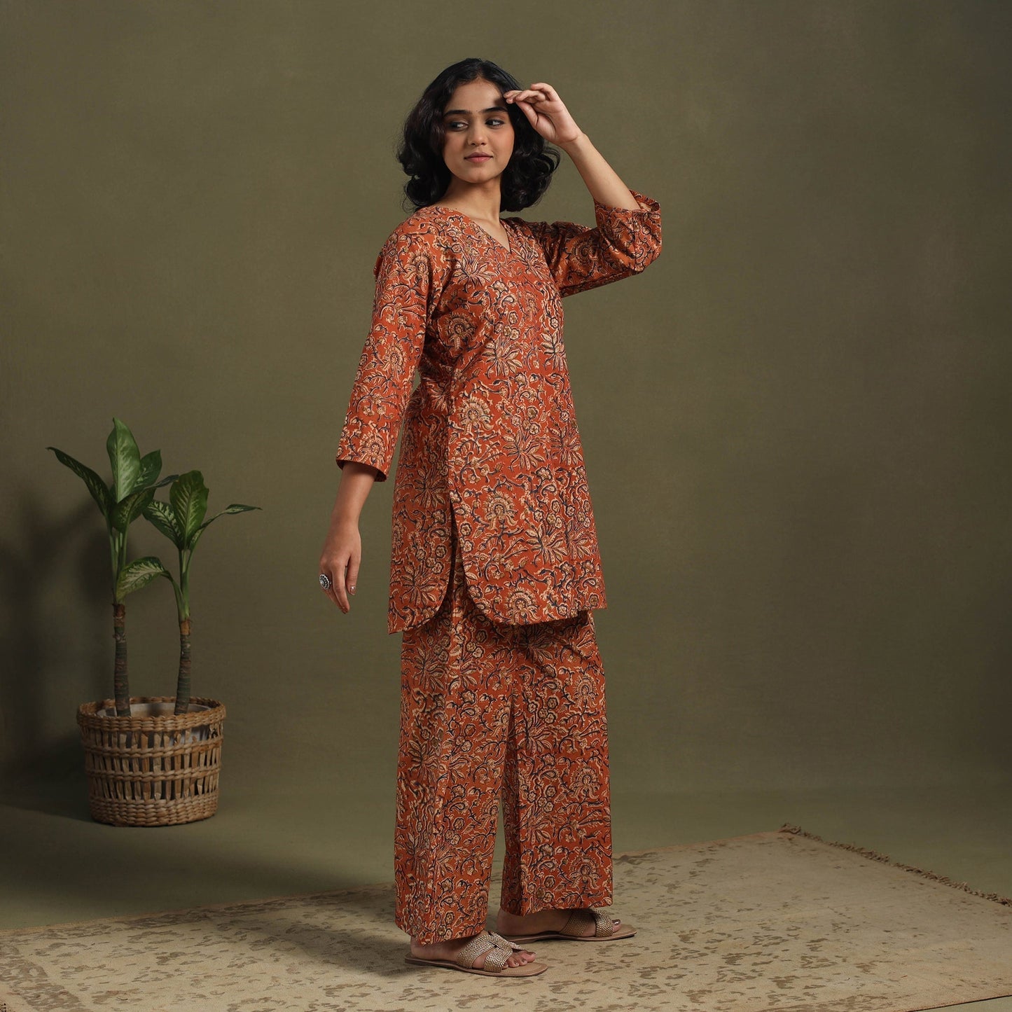 Orange Pedana Natural Dyed Block Print Kalamkari Co-ord Set