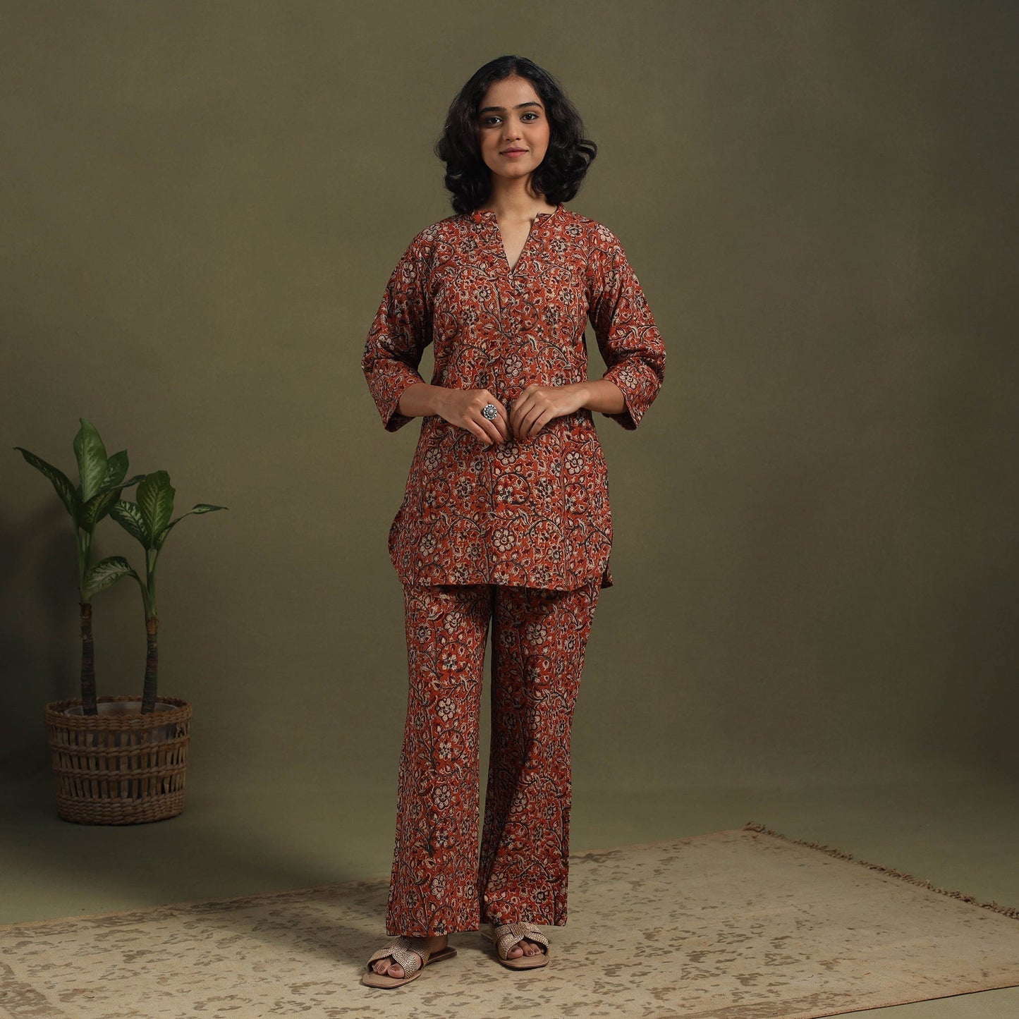 Orange Pedana Natural Dyed Block Print Kalamkari Co-ord Set