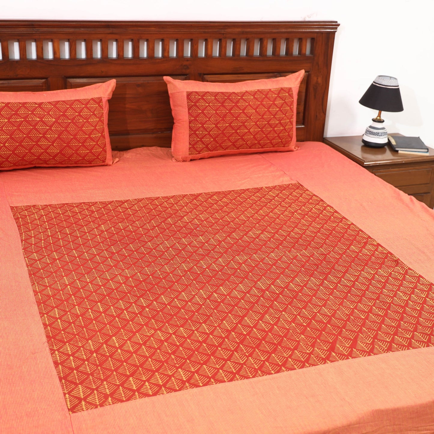 Plain Cotton Double Bed Cover with Block Print Patchwork