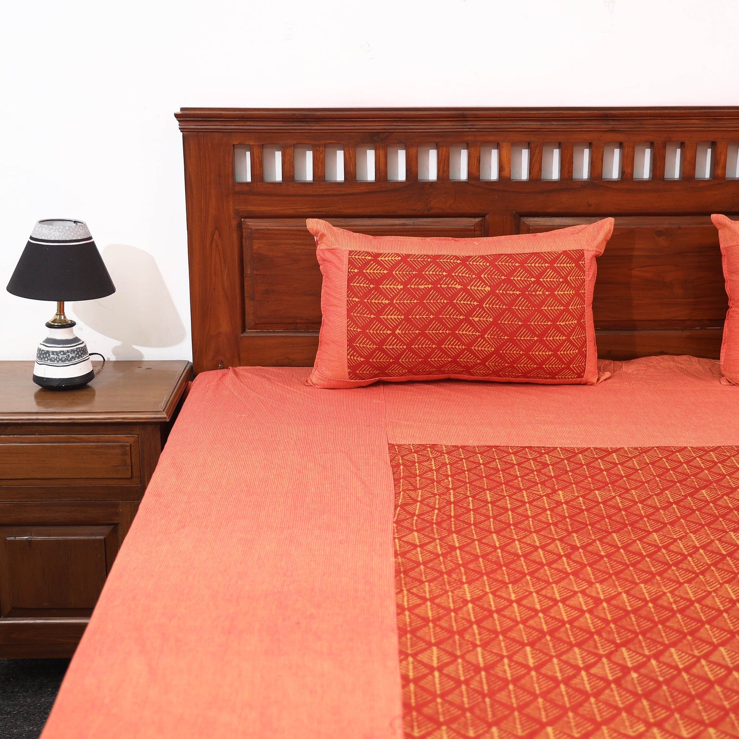 Plain Cotton Double Bed Cover with Block Print Patchwork
