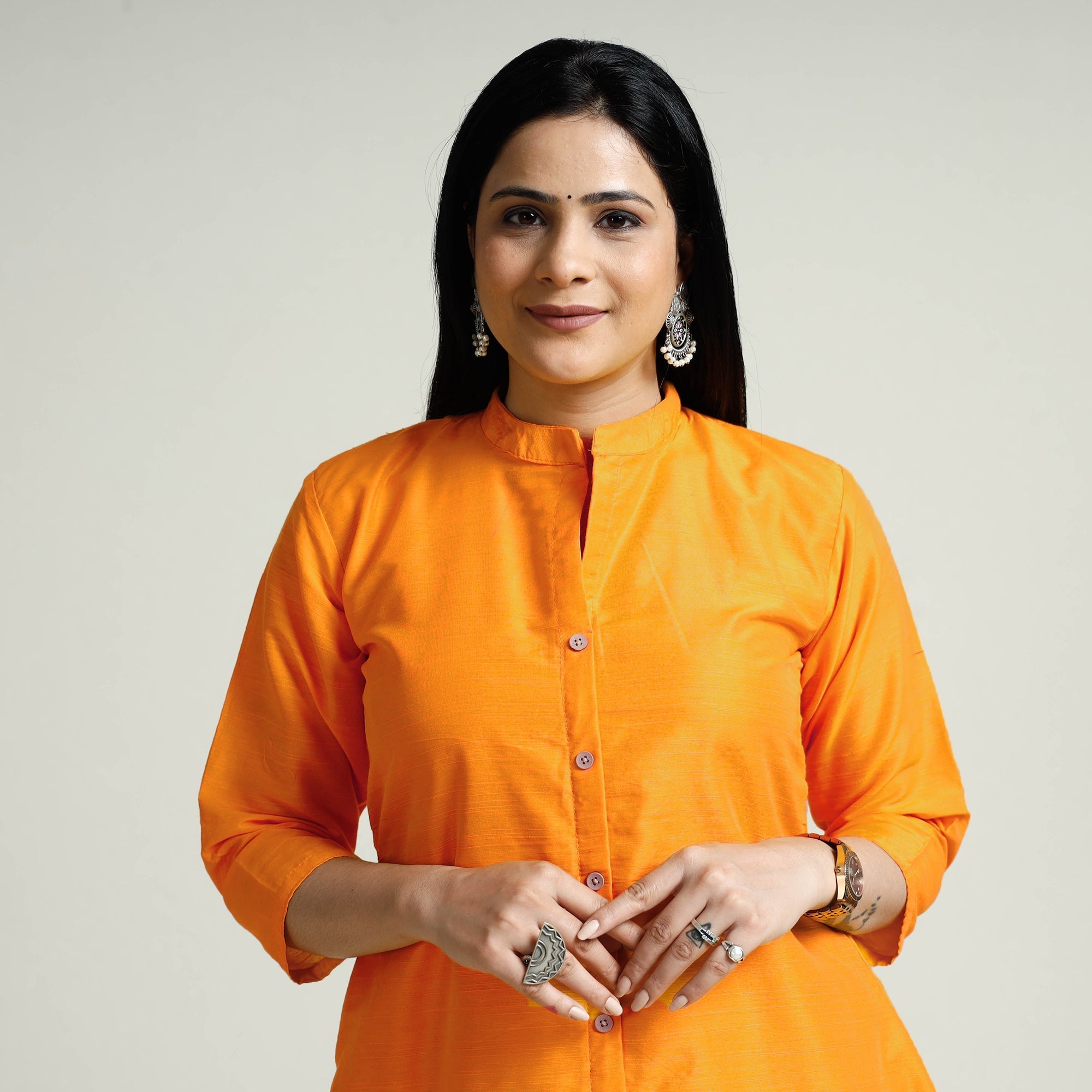Orange - Plain Slub Silk A-Line Long Kurta