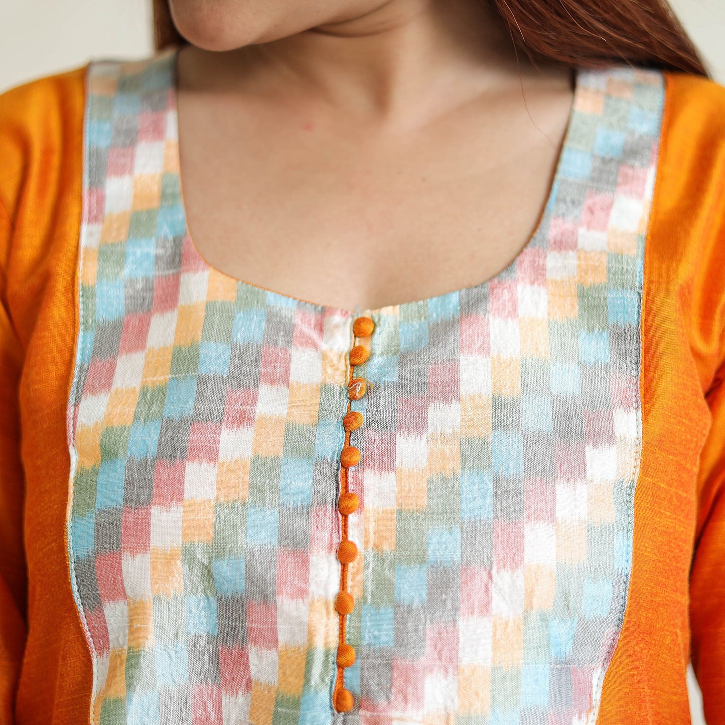 Plain Slub Silk Long A-Line Kurta with Ikat Patchwork 41