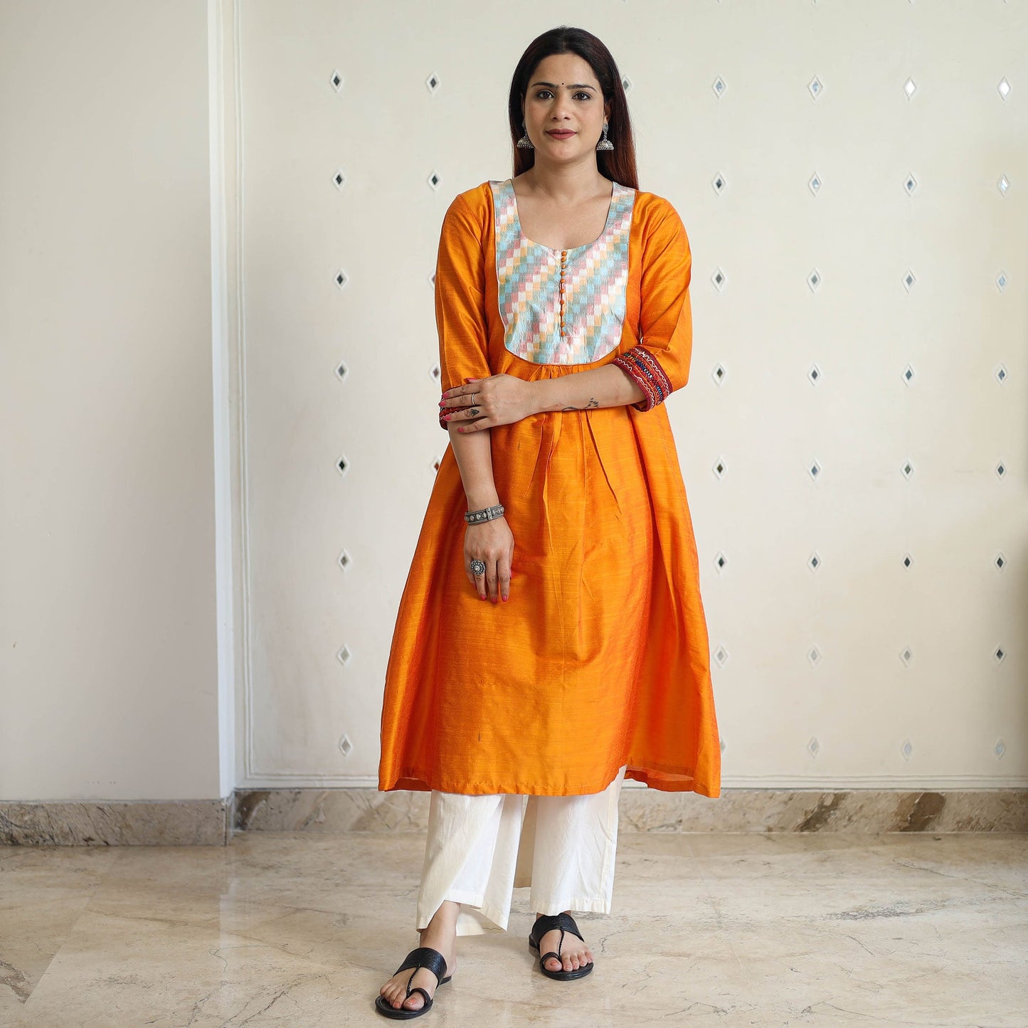 Plain Slub Silk Long A-Line Kurta with Ikat Patchwork 41