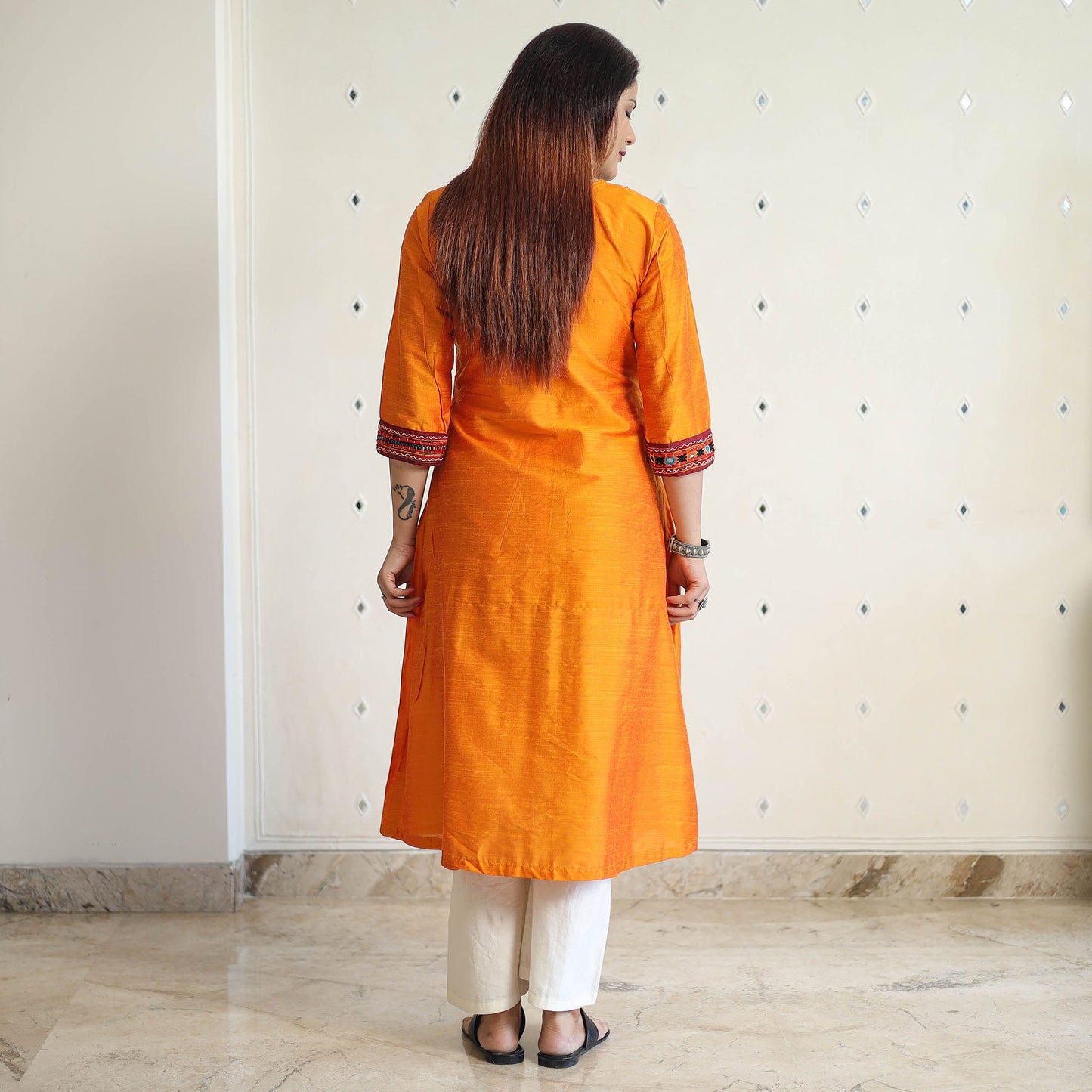 Plain Slub Silk Long A-Line Kurta with Ikat Patchwork 41