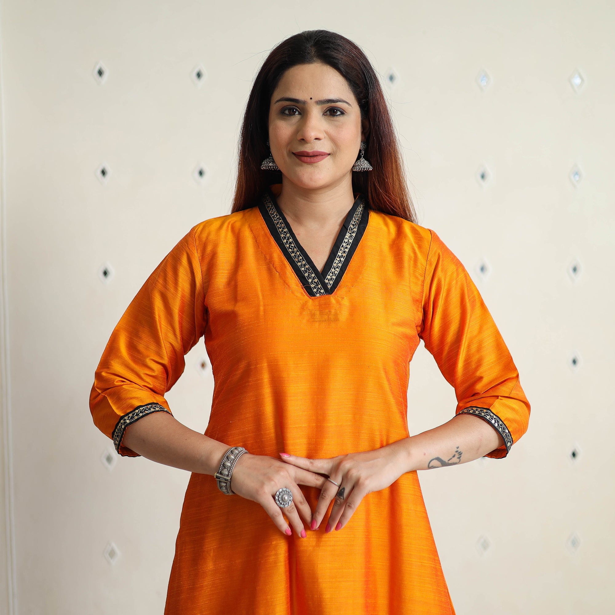 Orange - Plain Solid Slub Silk A-Line Long Kurta with Beadwork Hand Embroidery Lace 23