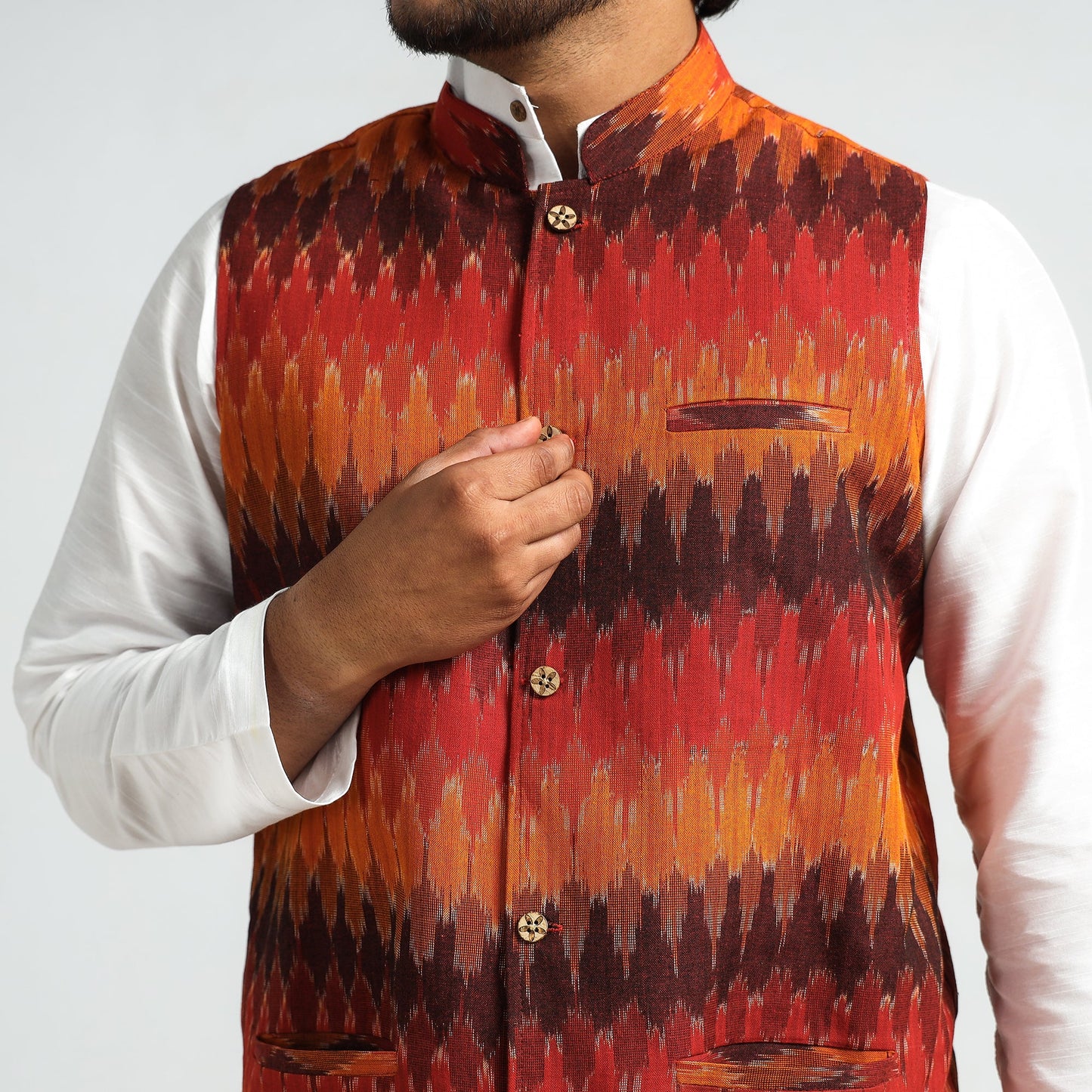 Orange - pochampally ikat cotton men nehru jacket