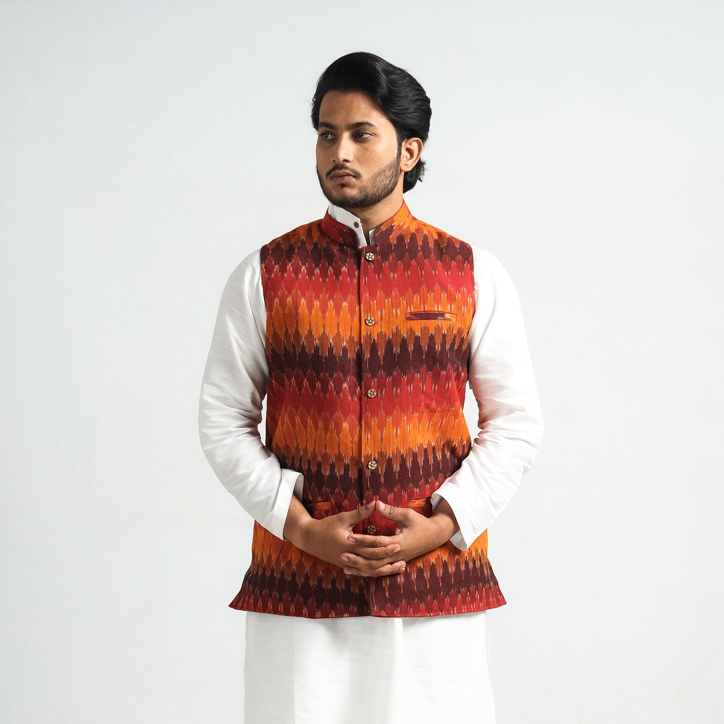 Orange - pochampally ikat cotton men nehru jacket