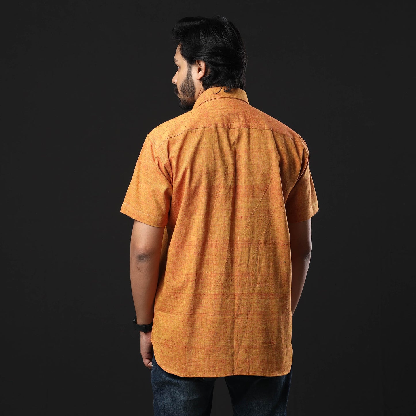 Orange prewashed fine cotton handloom half sleeves shirt