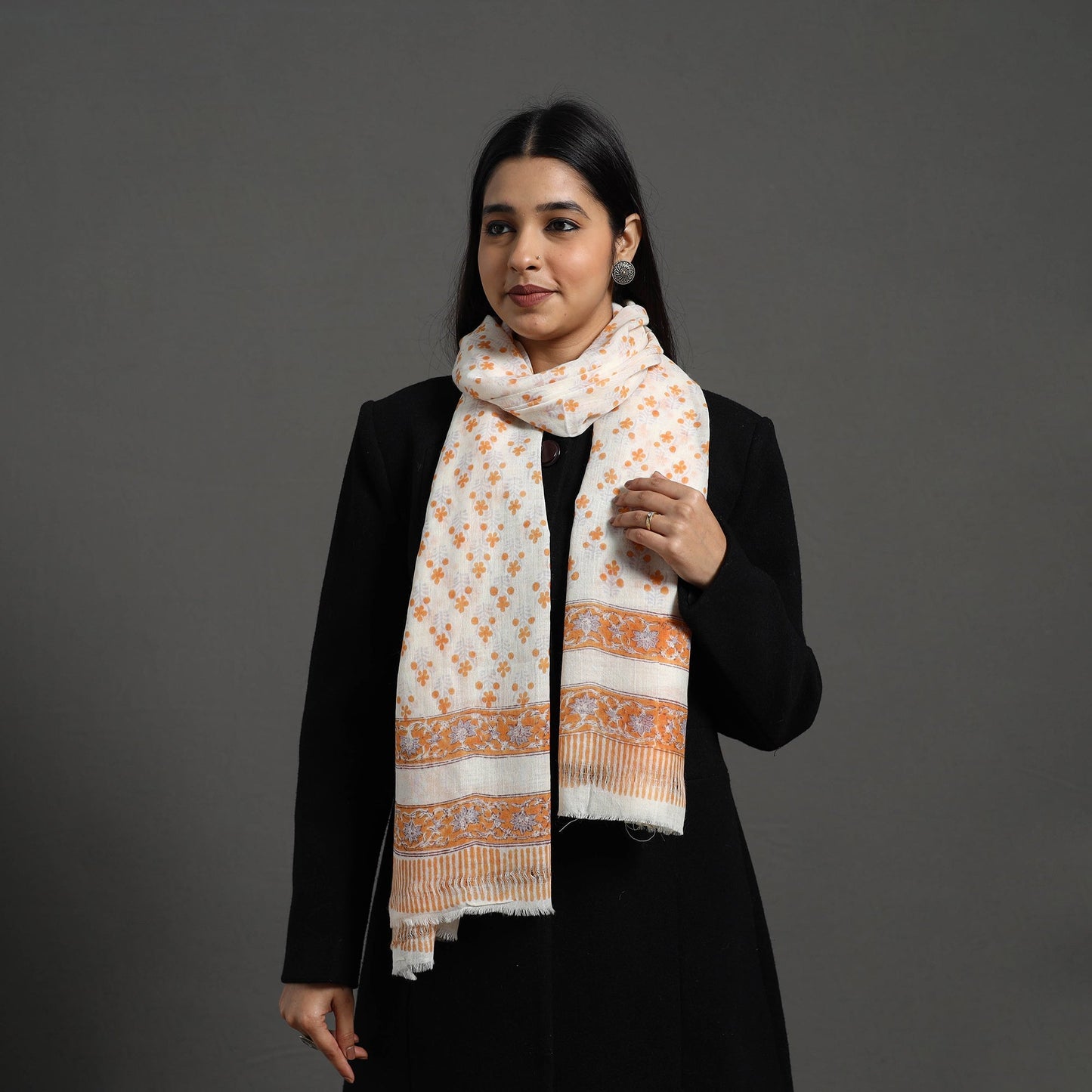 Orange - pure wool sanganeri stole 02 - handcrafted