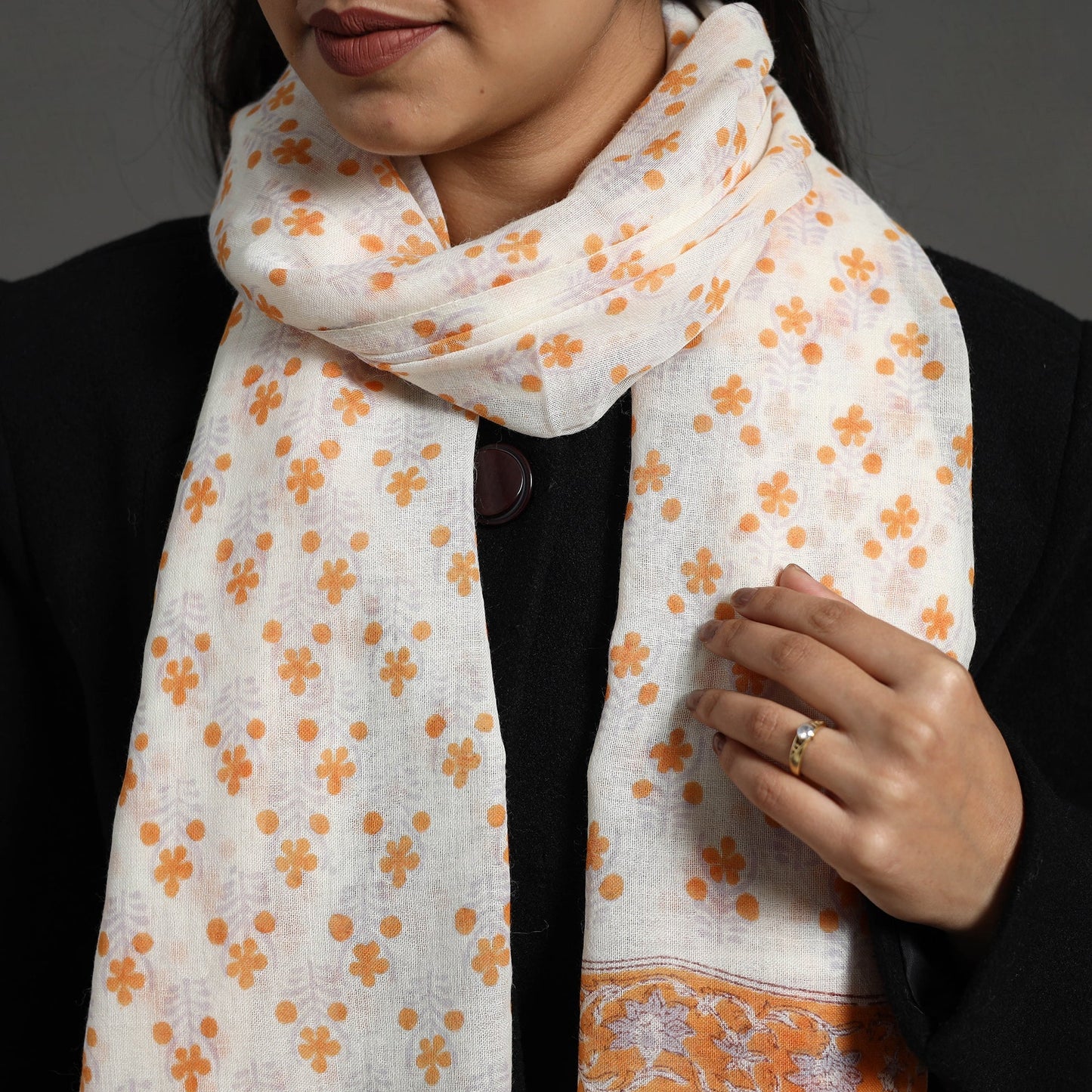 Orange - pure wool sanganeri stole 02 - handcrafted