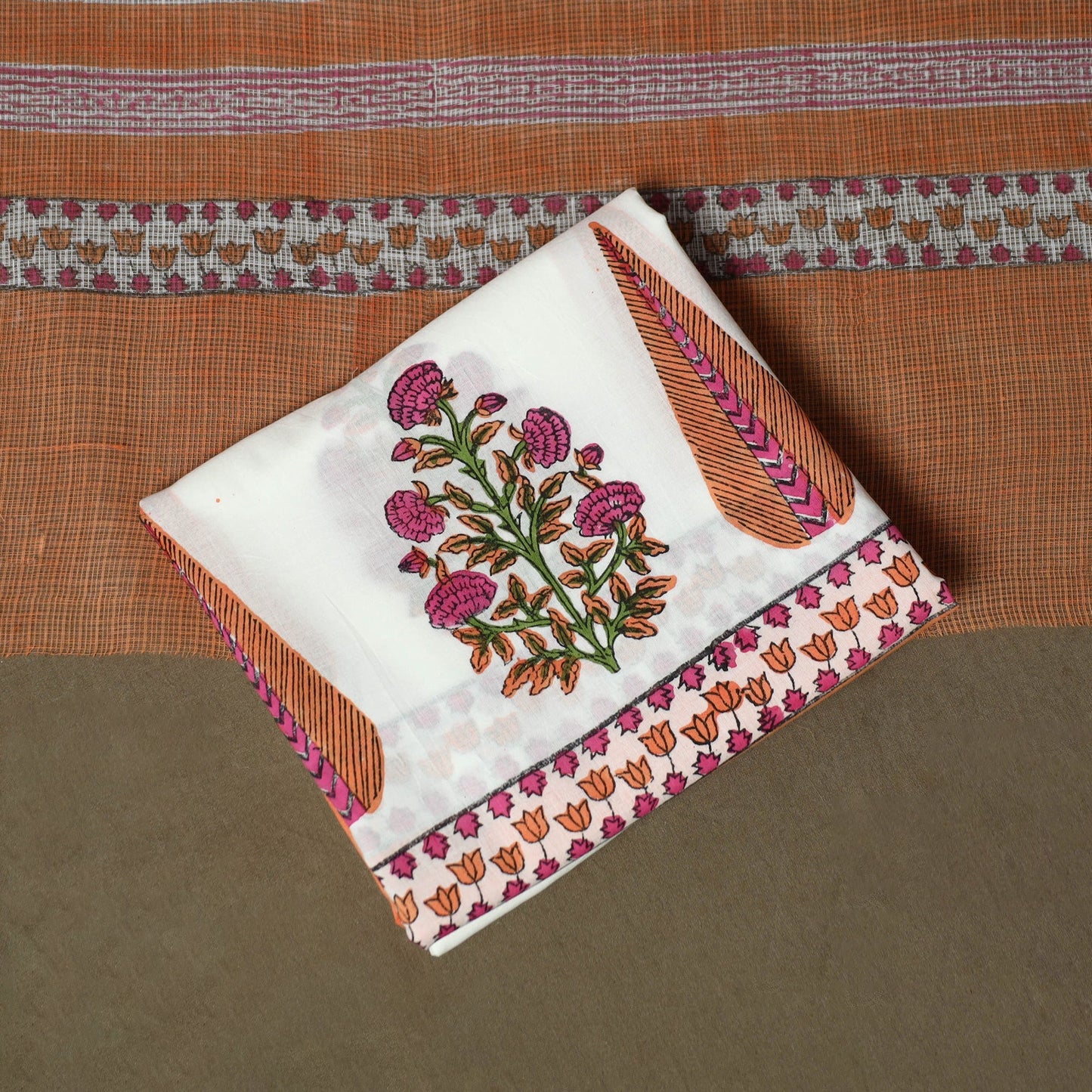 Sanganeri hand block print cotton 3pc unstitched dress