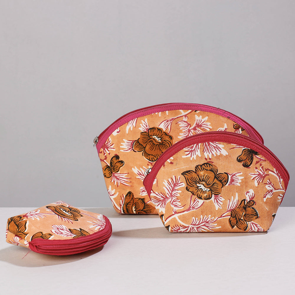 Orange Sanganeri Block Printing Cotton Toiletry Bags
