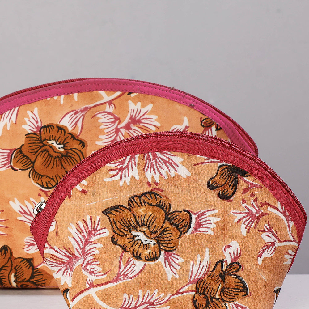 Orange Sanganeri Block Printing Cotton Toiletry Bags