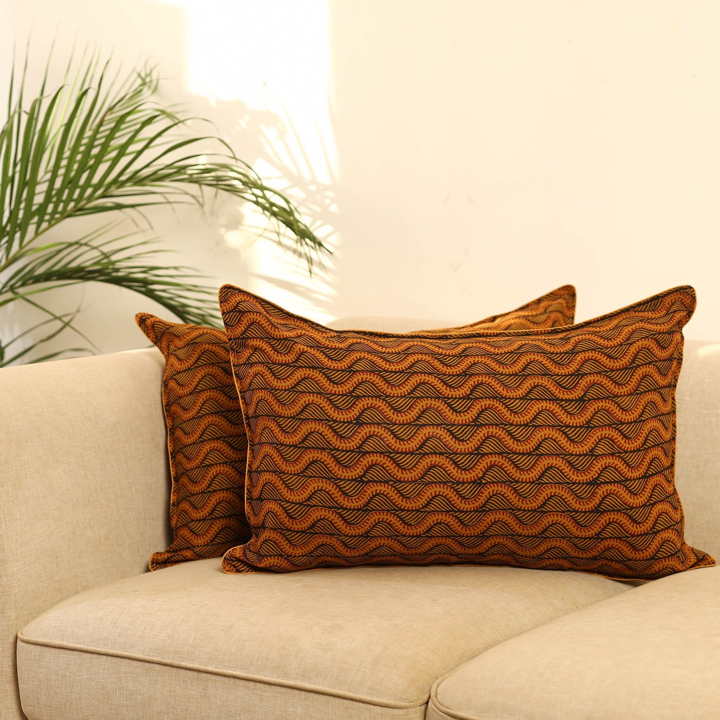 Buy Set of 2 Orange Bagh Block Print Cotton Pillow Covers