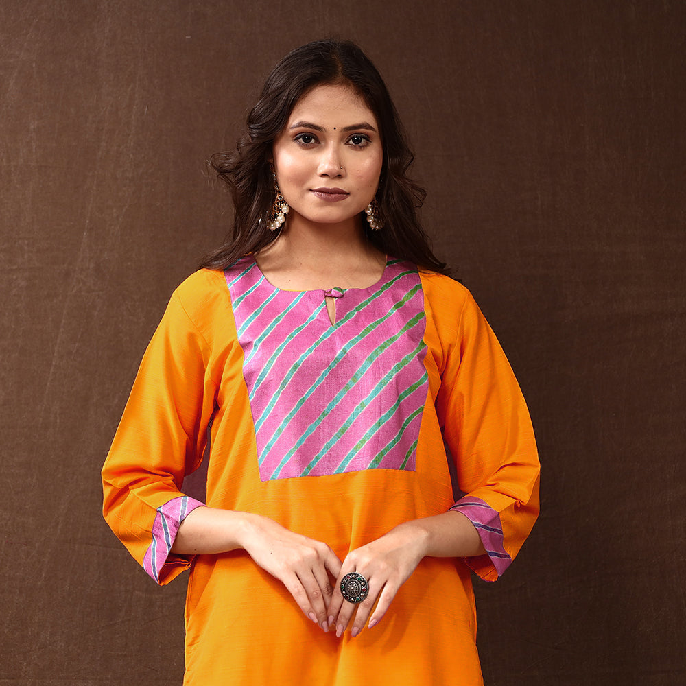 Yellow Silk Plain Long Kurta for Women