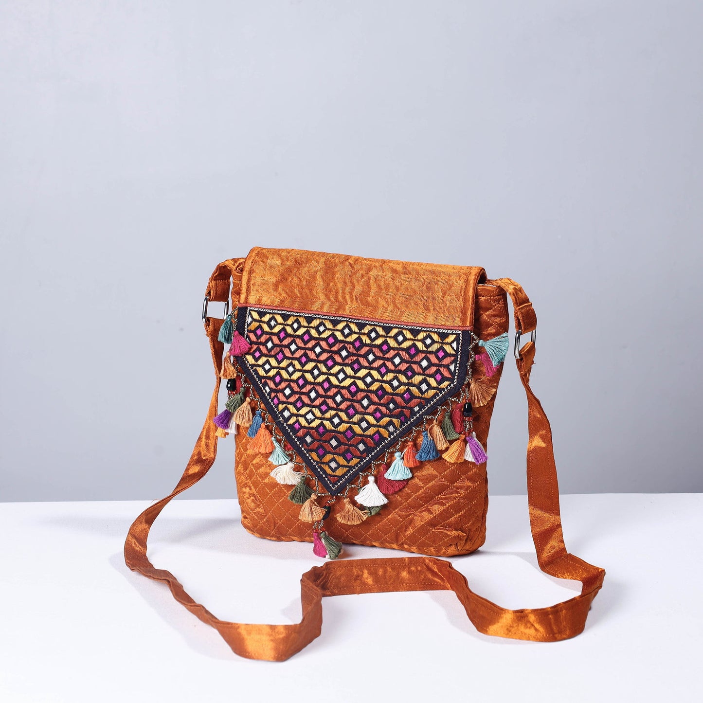 Orange Soof Stitch Embroidery Mashru Silk Sling Flap Bag