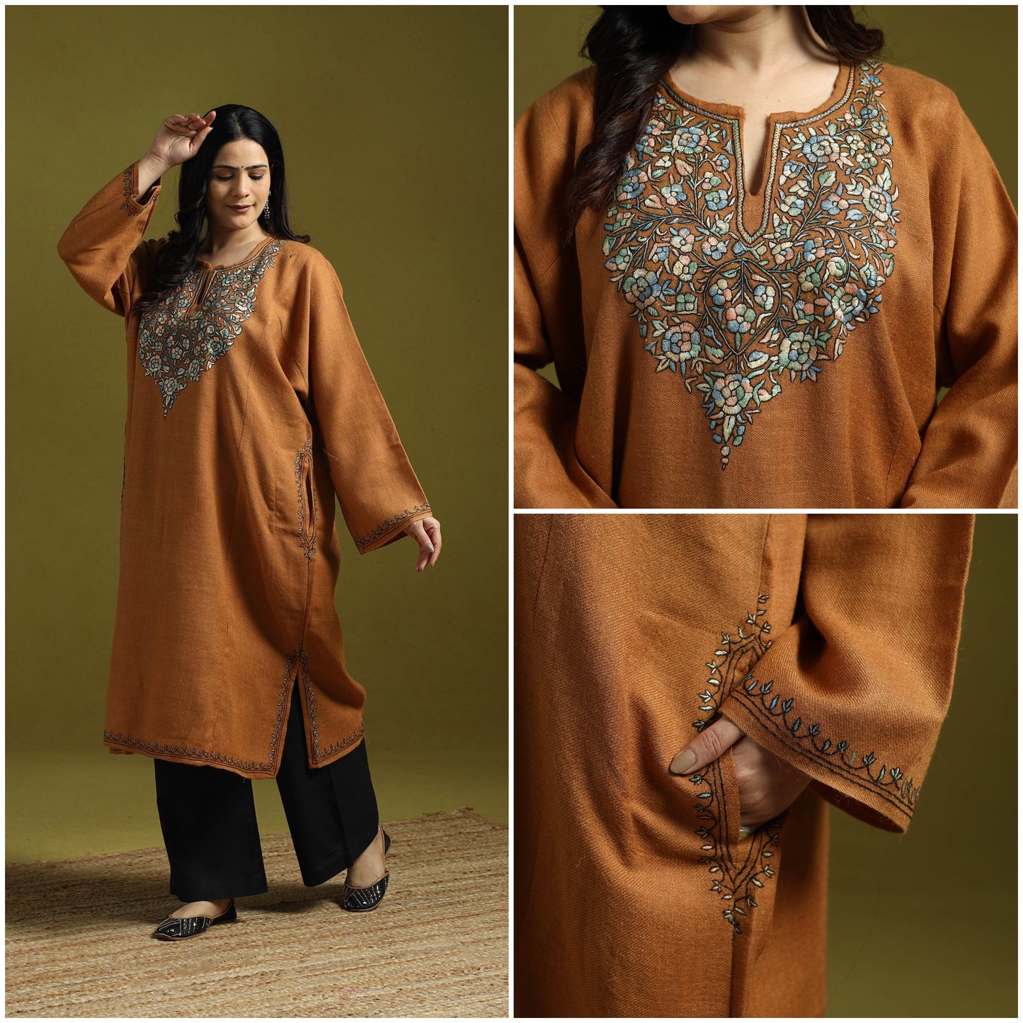 Orange - sozni hand embroidery kashmiri merino wool pheran