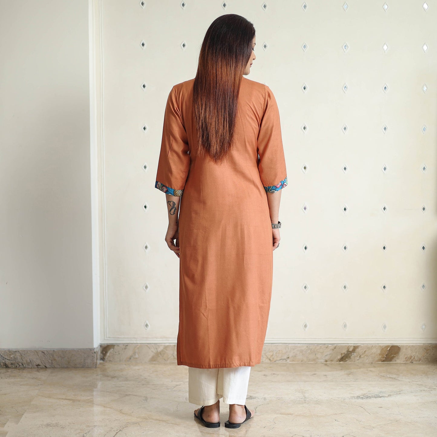 Orange - srikalahasti kalamkari patchwork plain linen
