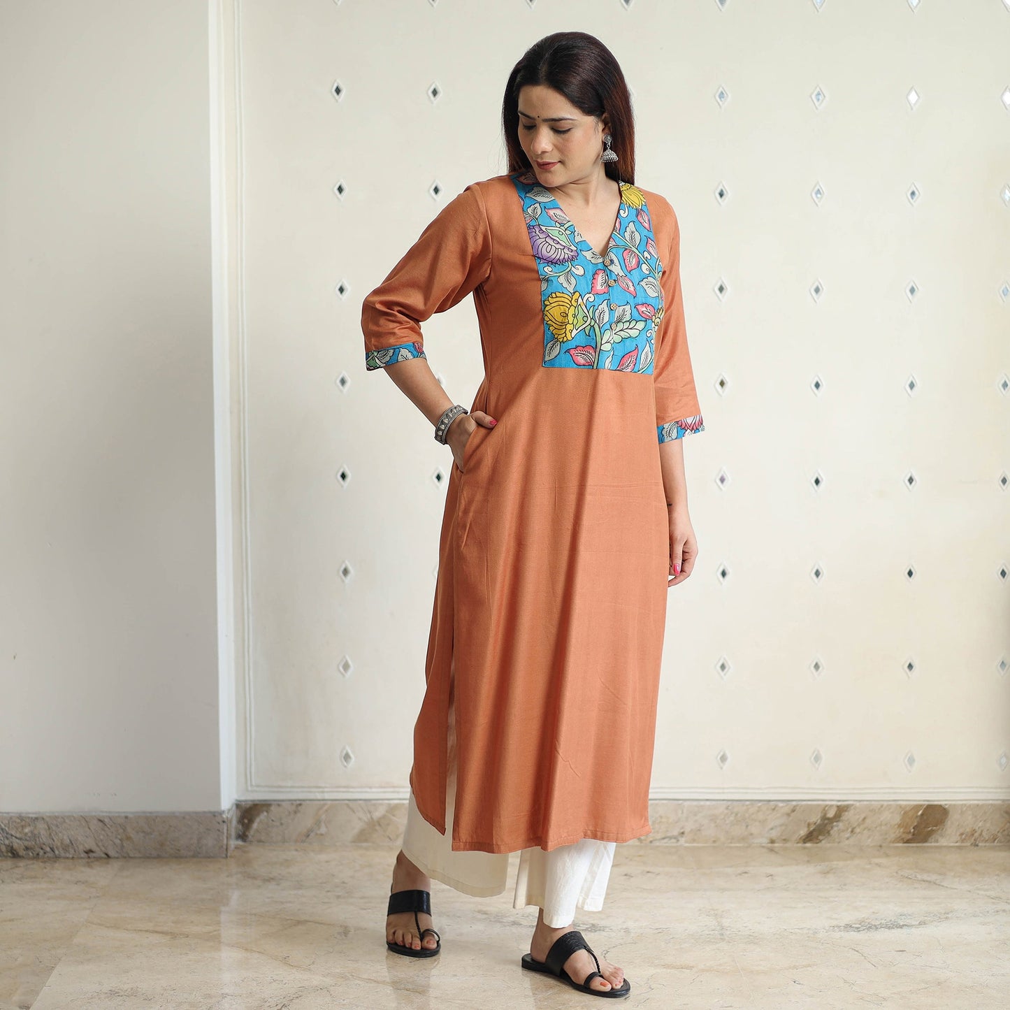Orange - srikalahasti kalamkari patchwork plain linen