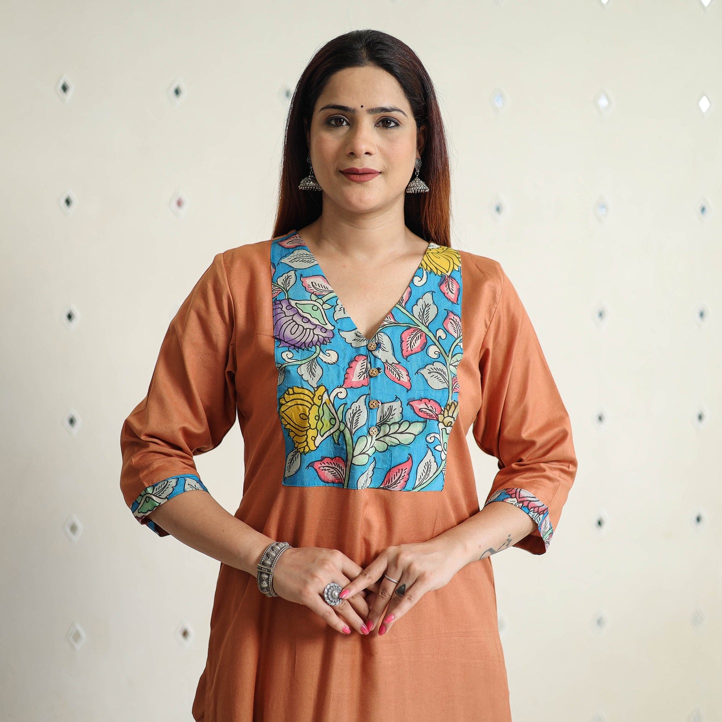 Orange - srikalahasti kalamkari patchwork plain linen
