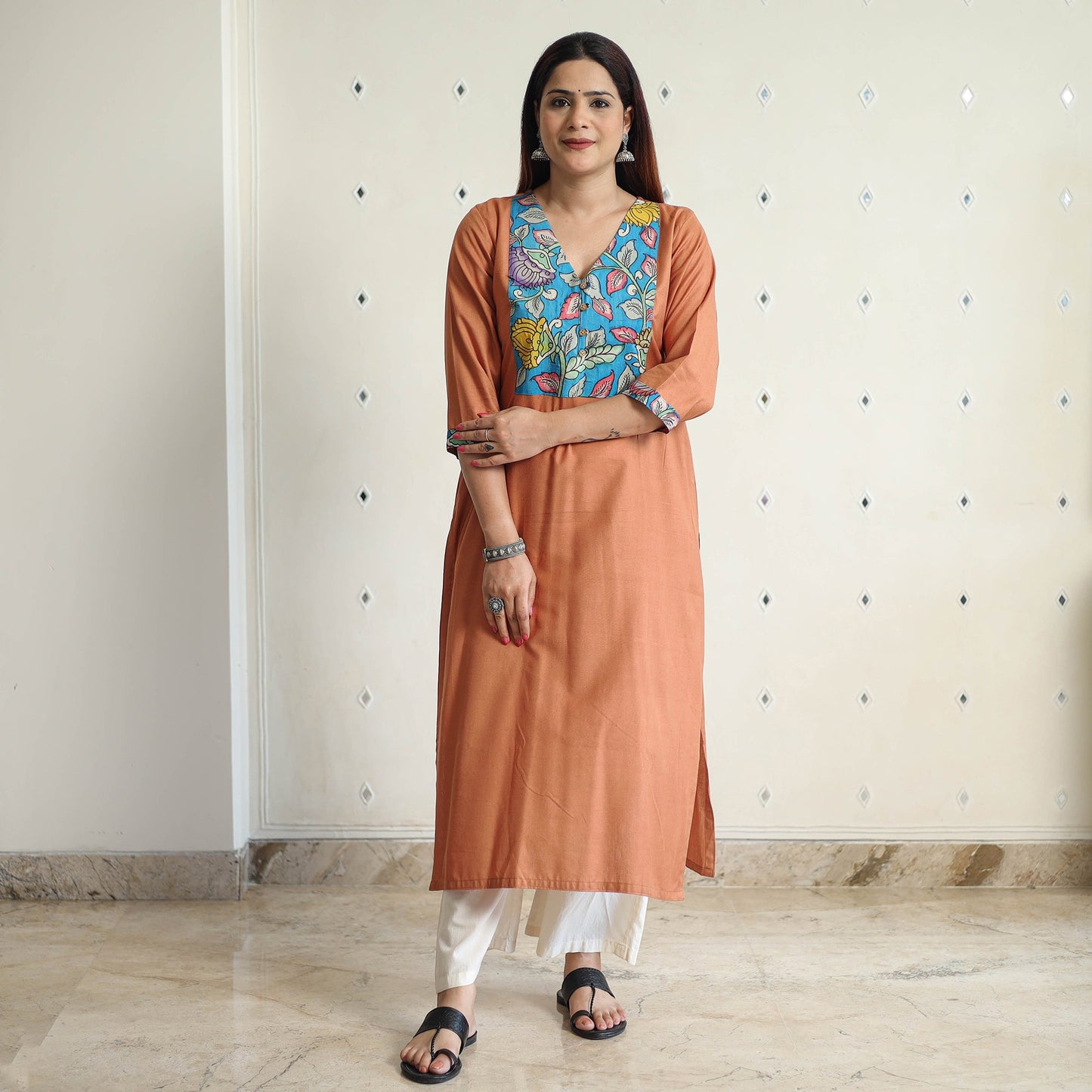 Orange - srikalahasti kalamkari patchwork plain linen