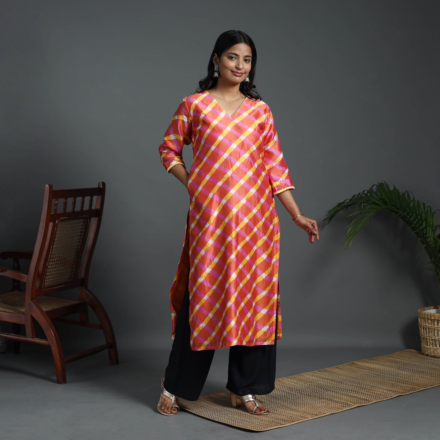 Orange - straight handloom chanderi silk tie-dye leheriya