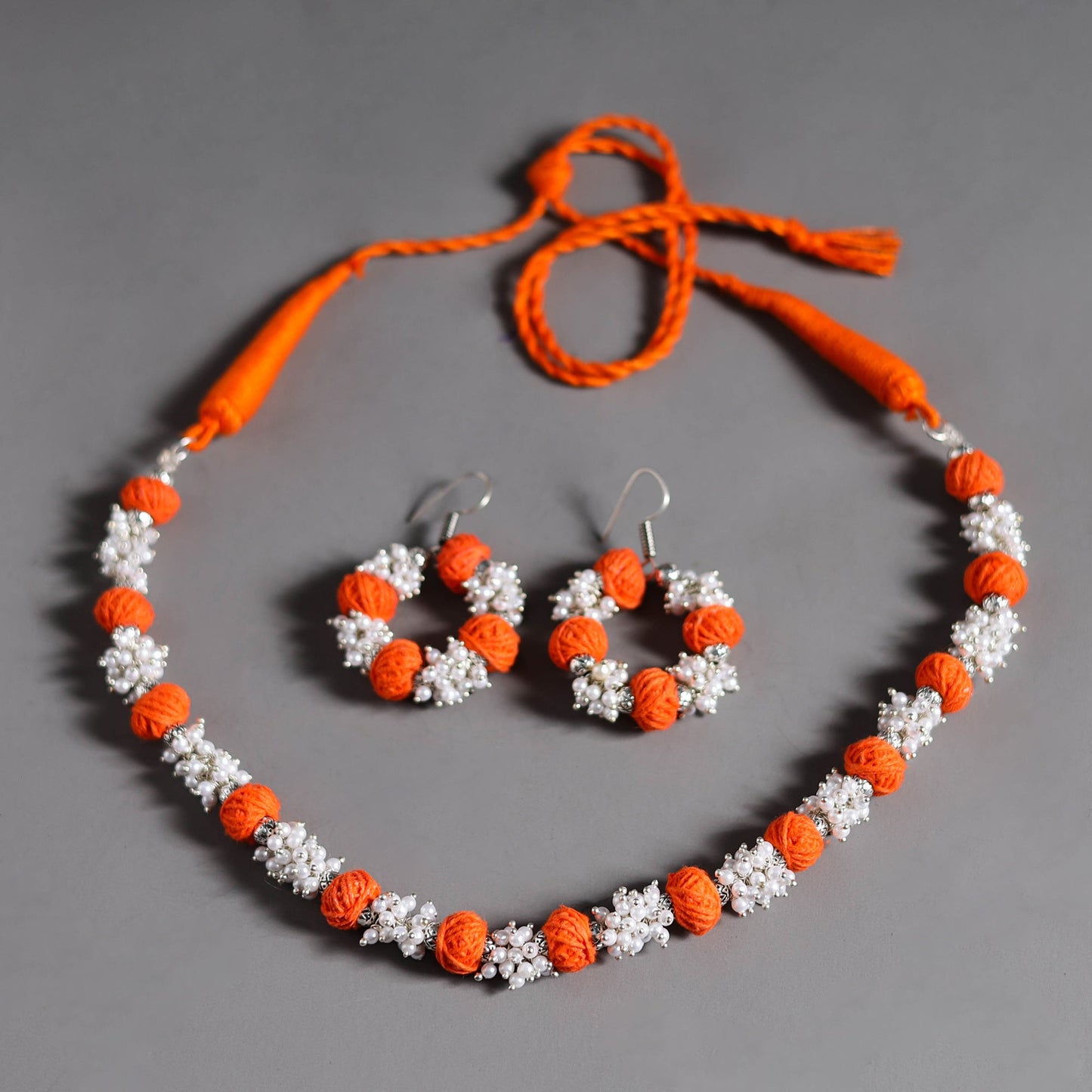 Orange - thread beads handmade necklace set 08 - handcrafted