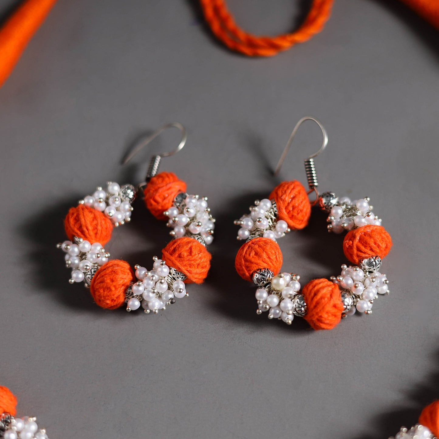 Orange - thread beads handmade necklace set 08 - handcrafted