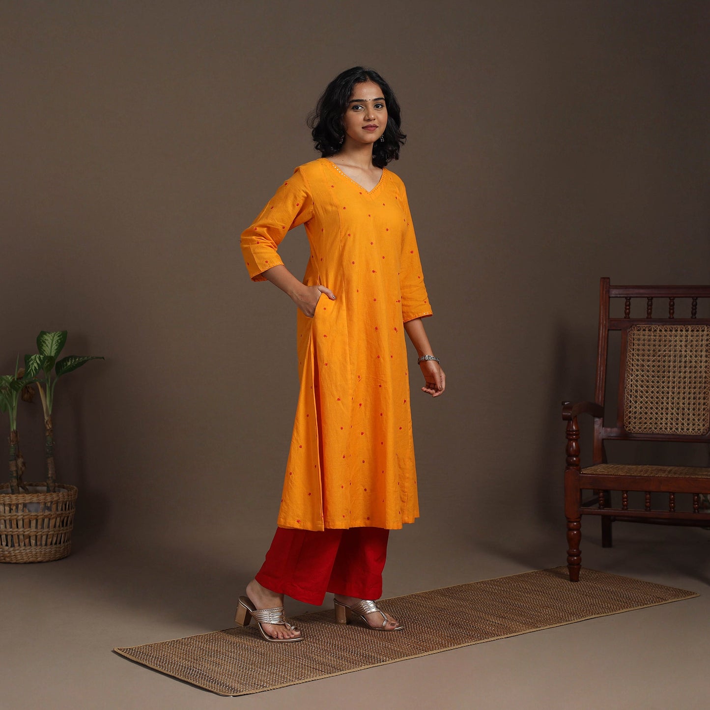 Orange - thread buti work cotton plain kurta set (set of 2)