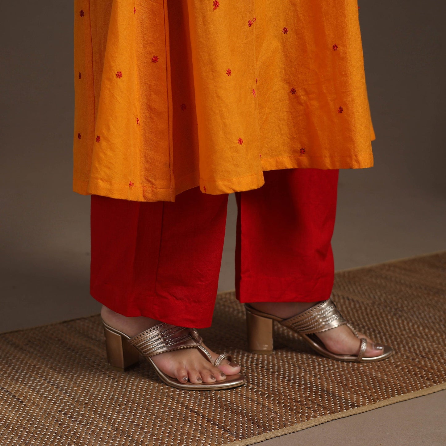 Orange - thread buti work cotton plain kurta set (set of 2)