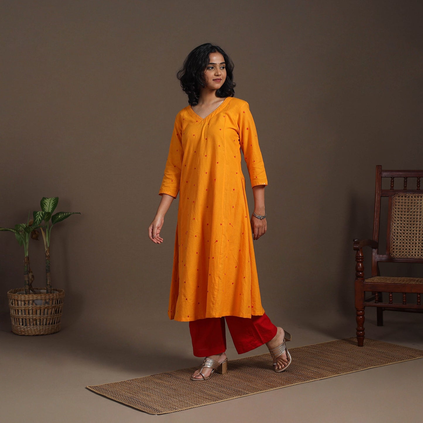 Orange - thread buti work cotton plain kurta set (set of 2)