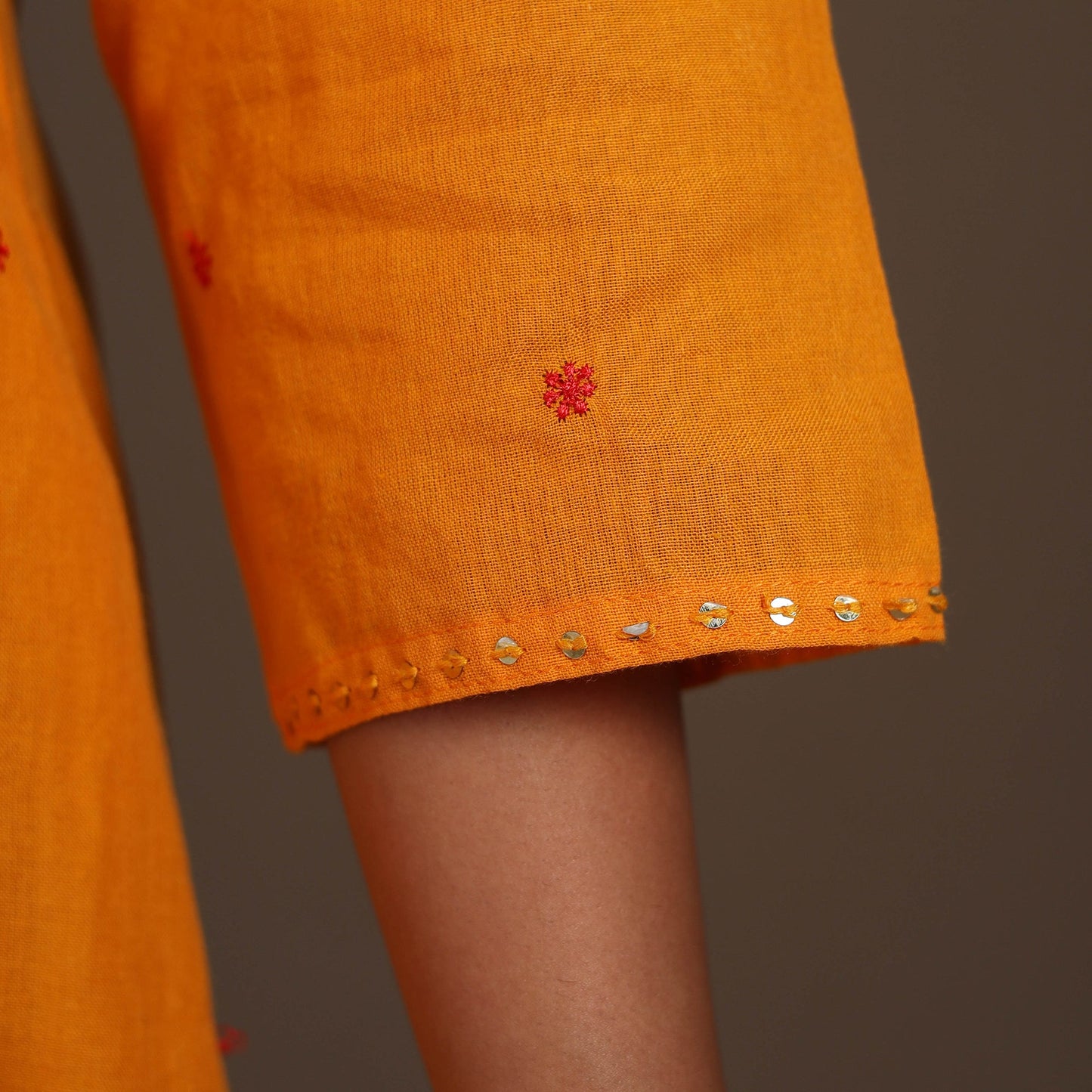 Orange - thread buti work cotton plain kurta set (set of 2)