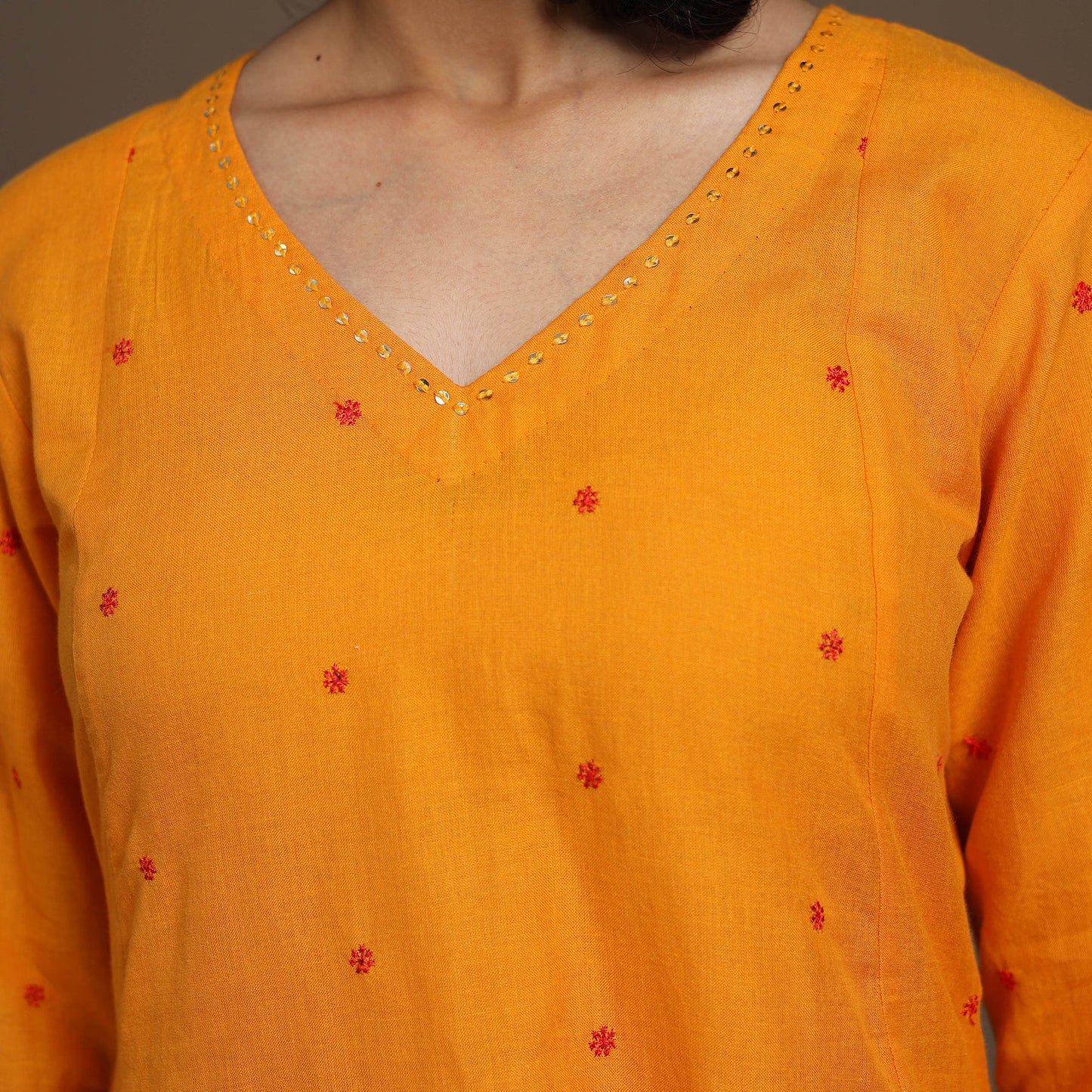 Orange - thread buti work cotton plain kurta set (set of 2)