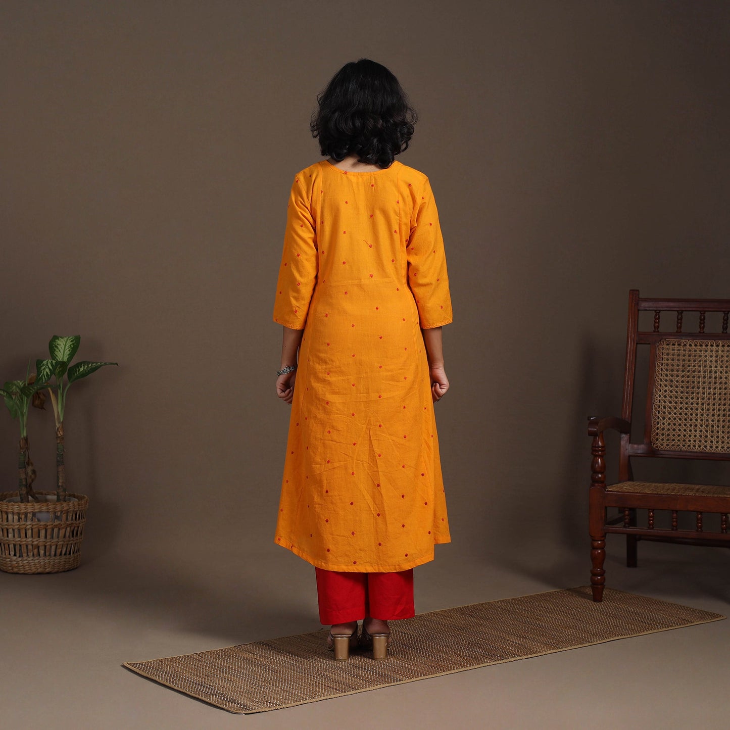 Orange - thread buti work cotton plain kurta set (set of 2)