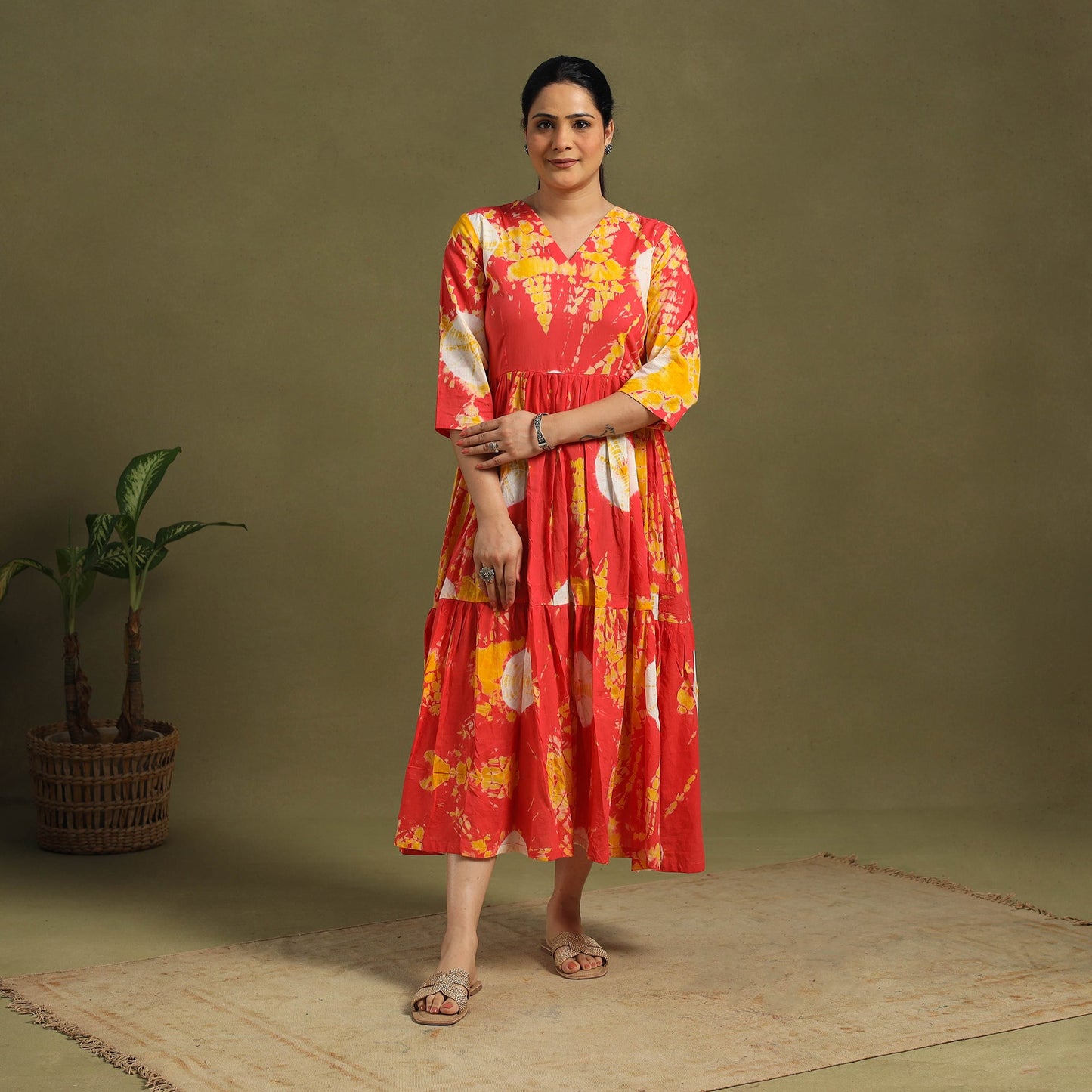 Orange Tie-Dye Cotton Tiered Shibori Dress