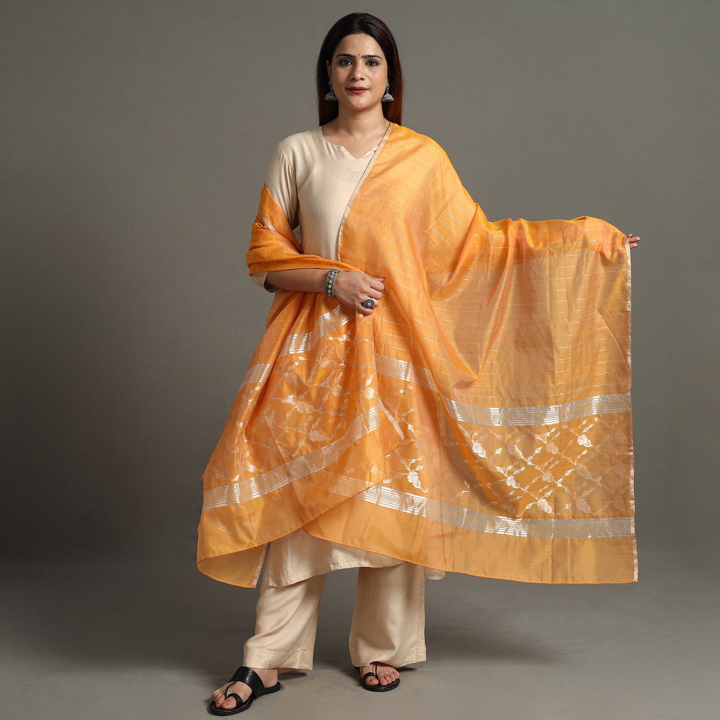 Chanderi Silk Handloom Jangala Palla Zari Stripe Dupatta 48