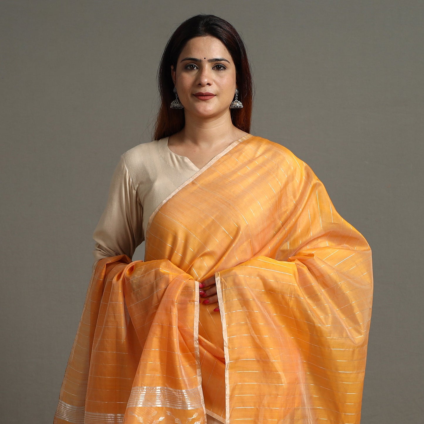 Chanderi Silk Handloom Jangala Palla Zari Stripe Dupatta 48