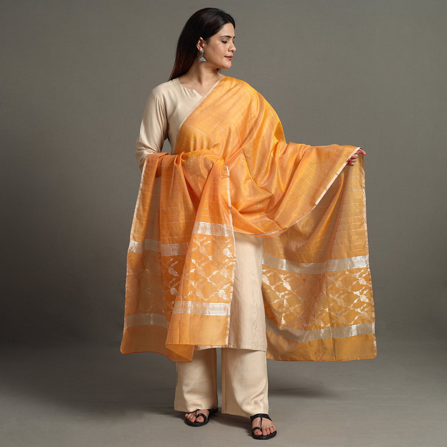 Chanderi Silk Handloom Jangala Palla Zari Stripe Dupatta 48