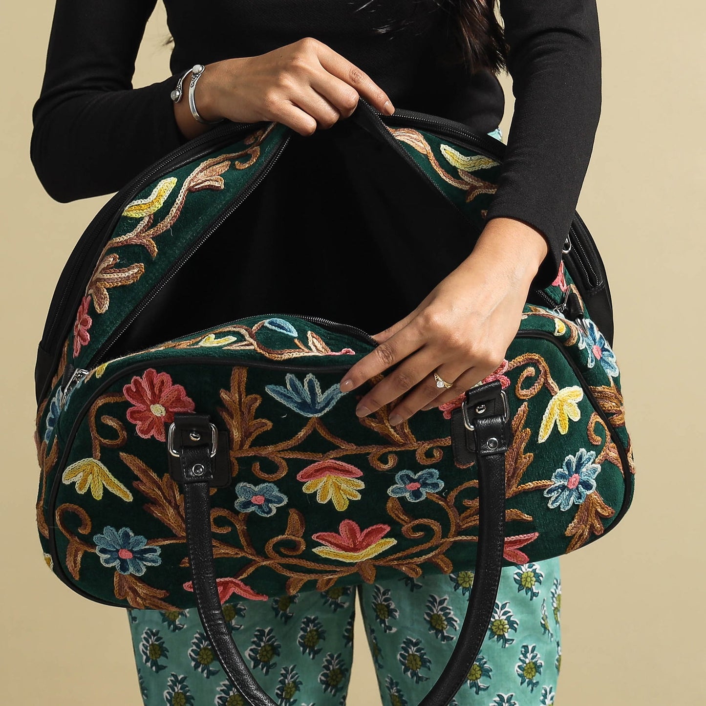 Buy Original Crewel Hand Embroidery Leather & Velvet Travel Bag