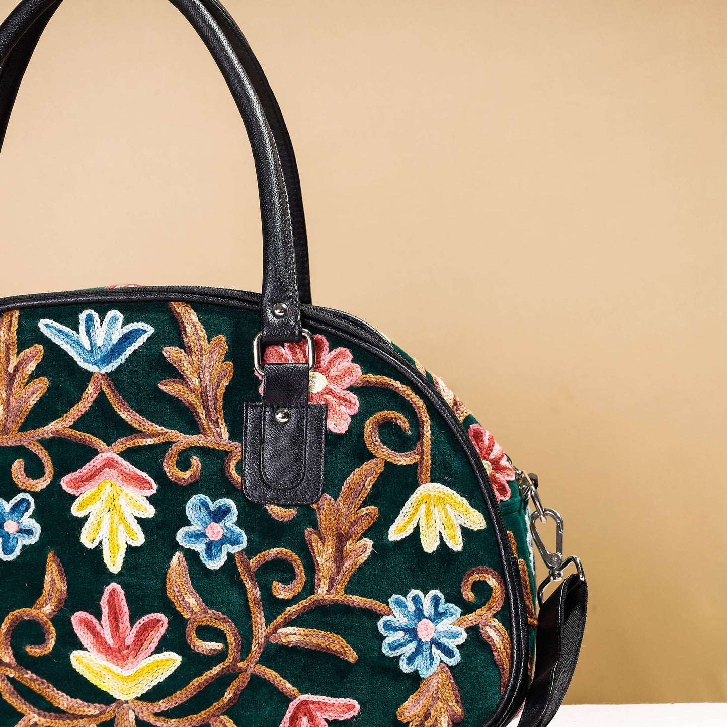 Buy Original Crewel Hand Embroidery Leather & Velvet Travel Bag