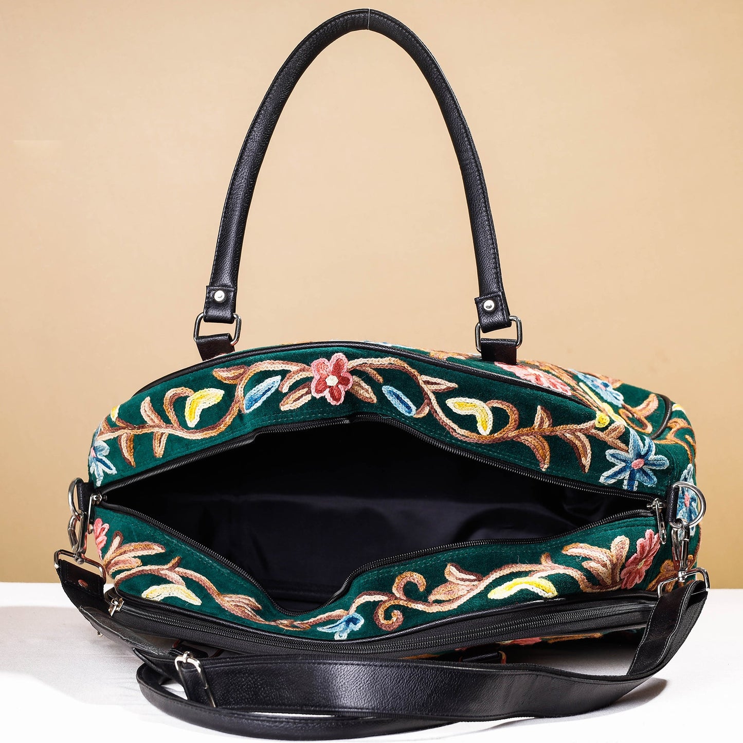 Buy Original Crewel Hand Embroidery Leather & Velvet Travel Bag