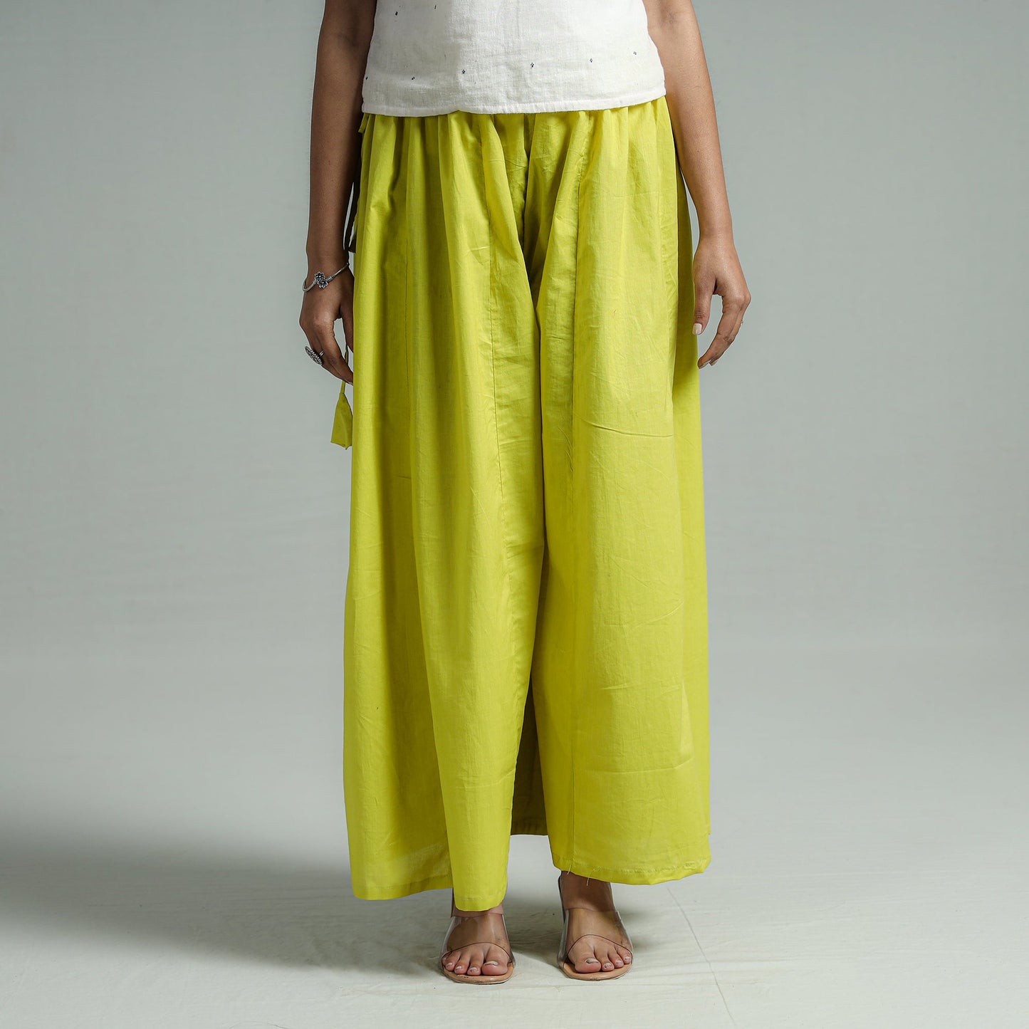 Buy Parrot Green Plain Dyed Cotton Flared Palazzo Online