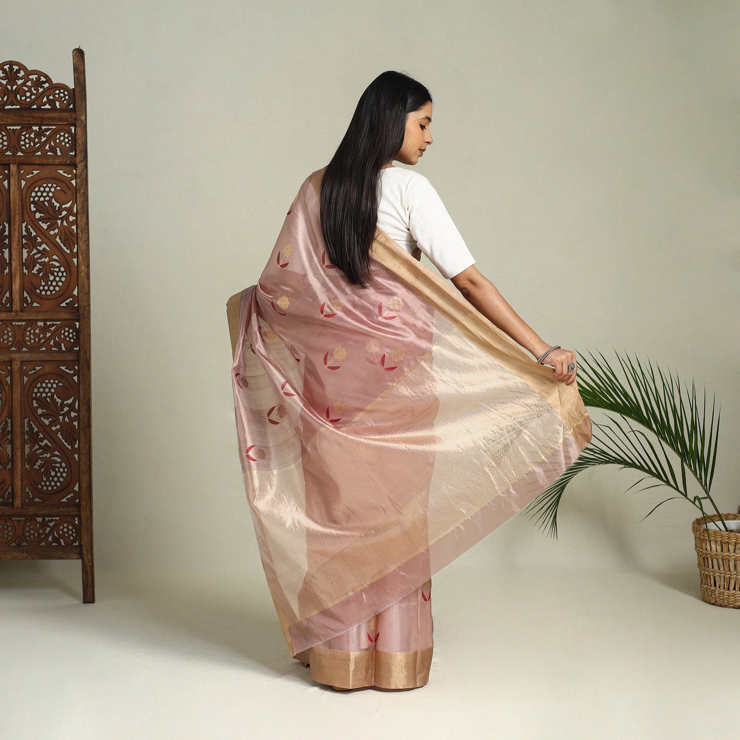 Buy Pastel Pink Handloom Zari Work Chanderi Silk Saree