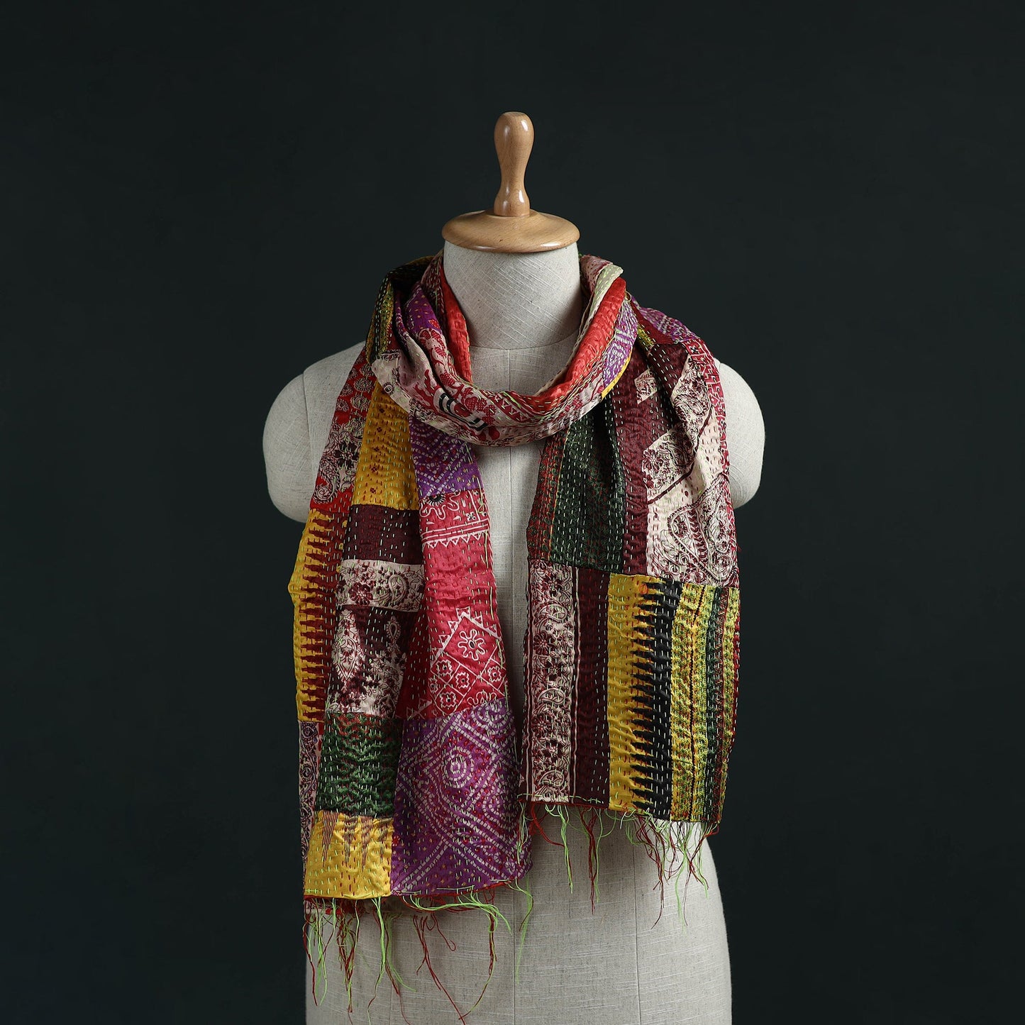 Patchwork reversible silk bengal hand kantha stitch stole