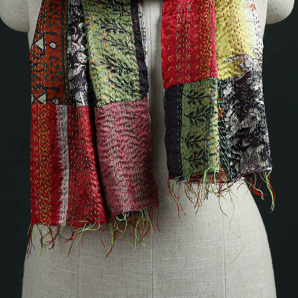 Patchwork reversible silk bengal hand kantha stitch stole