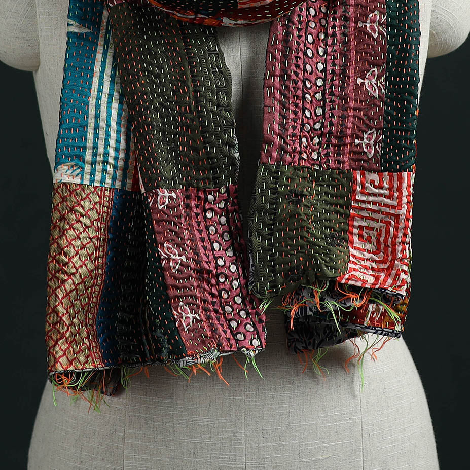 Patchwork reversible silk bengal hand kantha stitch stole