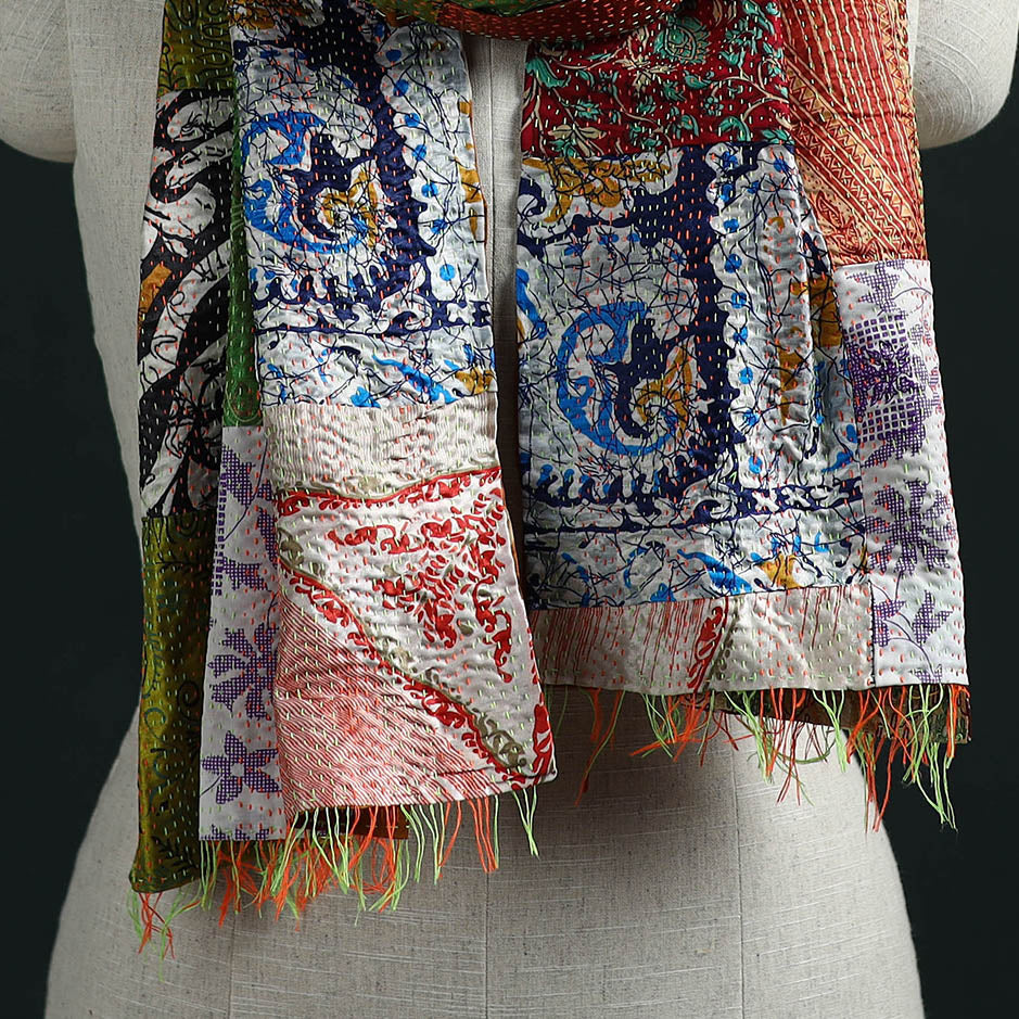 Patchwork reversible silk bengal hand kantha stitch stole