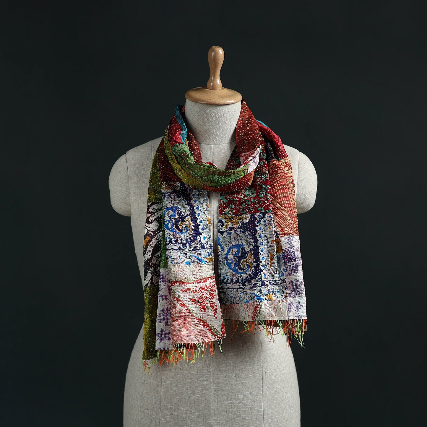 Patchwork reversible silk bengal hand kantha stitch stole